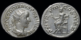 Gordian III (238-244) AR antoninianus, issued 241-2. Rome, 4.47g, 22.5mm.
Obv: IMP GORDIANVS PIVS FEL AVG, radiate, draped and cuirassed bust of Gordi...