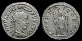 Philip II (247-249) AR Antoninianus, issued 247 (1st issue). Antioch, 4.61 g, 23mm.
Obv: IMP M IVL PHILIPPVS AVG; radiate, draped, and cuirassed bust ...