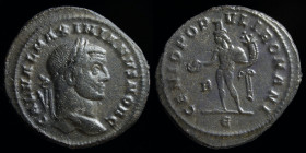 Galerius as Caesar (296 - 297), AE follis, issued 296-7. Rome (5th off.), 9.46g, 28mm.
Obv: GAL VAL MAXIMIANVS NOB C; laureate head right
Rev: GENIO P...