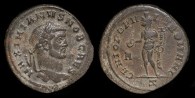 Galerius as Caesar (293 - 305), AE follis, issued 296-7. Rome (7th off.), 9.83g, 27.5mm.
Obv: MAXIMIANVS NOB CAES; laureate head right
Rev: GENIO POPV...