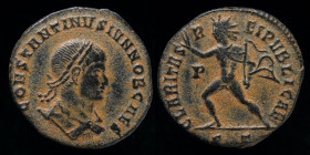 Constantine II, as Caesar (317-337), issued 317-18. Ticinum, 2.80g, 18.5mm. 
Obv: CONSTANTINVS IVN NOB CAES; laureate, draped and cuirassed bust right...