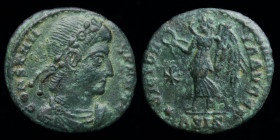 Constantius II (337-361) AE3, issued 347. Siscia, 1.64g, 16mm.
Obv: CONSTANTI-VS P F AVG; diademed, draped and cuirassed bust right
Rev: VICTORIA AVGG...