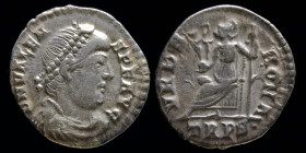 Valens (364-378), AR siliqua, issued 367-78. Trier, 2.15g, 18mm. 
Obv: D N VALENS P F AVG; Pearl-diademed, draped and cuirassed bust right. 
Rev: VRBS...