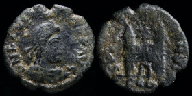 Flavius Victor (387-388) AE 4. Arles (Constantia), 1.00g, 14mm.
Obv: D N FL VICTOR PF AVG, diademed, draped and cuirassed bust right
Rev: SPES ROMANOR...