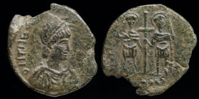 Theodosius II (402-450) AE Maiorina. Cherson, 4.15g, 23mm. 
Obv: D N THEODOSIVS P F AVG; helmeted, diademed and draped bust right, holding shield on l...
