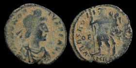 Honorius (393-423), AE4, issued 404-408. Rome, third officina, 1.74g, 15-17mm.
Obv: DN HONOR–IVS PF AVG; pearl-diademed, draped, cuirassed bust right....