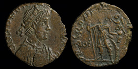 Honorius (393-423), AE4, issued 404-408. Rome, first officina, 1.94g, 15mm.
Obv: DN HONORIVS PF AVG; rosette-diademed, draped, cuirassed bust right.
R...