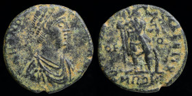 Honorius (393-423) AE4, issued 404-408. Rome, fourth officina, 2.02g 15.5mm.
Obv: DN HONORI-VS PF AVG; pearl-diademed, draped, cuirassed bust right.
R...