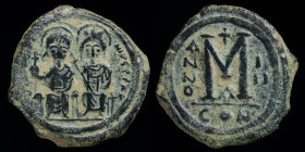 Justin II with Sophia (565-578) AE follis, issued 567/8. Constantinople, 14.64g, 30mm. 
Obv: D N IVSTINVS PP AVG legend with Justin left holding globu...