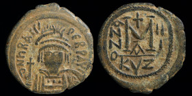 Heraclius (610-641) AE follis, dated RY 3 (612/13). Cyzicus, 11.55g, 30mm.
Obv: DN ҺRACLI PЄRP AVG; helmeted, diademed, and cuirassed facing bust, hol...