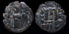 Constans II (641-668), AE follis, issued RY 2 = 642/3. Constantinople, 3.43g, 23mm.
Obv: EN T૪TO NIKA; Constans II standing facing, wearing crown surm...