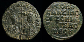 Zoe as regent, with Constantine VII Porphyrogenitus (913-959) AE follis, issued 914-919. Constantinople, 5.90g, 25mm.
Obv: +COҺSTAҺT’ CЄ ZOH b’; Bust ...