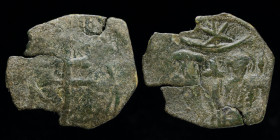 Andronicus III Palaeologus (1328-1341) AE trachy Thessalonica, 0.62g, 15-17mm. 
Obv: Winged patriarchal cross
Rev: Half-length figures of Andronicus, ...
