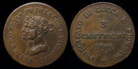 ITALIAN STATES, under Napoleon: Lucca e Piombino, Felice Baciocchi and Elisa Bonaparte 1806, Cu 3 Centesimi. 5.54g, 24mm, 6h. 
Obv: FELICE ED ELISA PP...