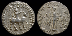 INDO-SKYTHIANS: Azes (c. 58-12 BCE) AR Tetradrachm. Ghandara, 9.70g, 24.5mm.
Obv: Azes right on horseback, holding whip; KR in Kharosthi to right
Rev:...