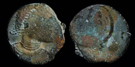 South India/Sri Lanka, c. 4th century, Imitation of Roman AE3. 2.53g, 16mm.
Obv: Bust right
Rev: Similar to Constantinian GLORIA EXERCITVS soldiers wi...