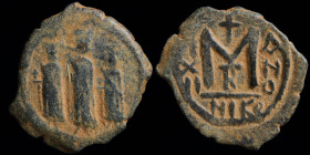 ARAB-BYZANTINE: Rashidun Caliphate, AE fals, Three standing figures c. 637-643. Imitating a follis of Nicomedia, uncertain mint in Syria, 4.47g, 20-22...