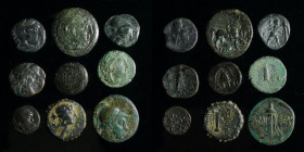 Hellenistic AE group (9 coins): includes Amyntas III (eagle with snake), Kassander, Antigonos II Gonatas (Pan), Lysimacheia, Philip V, Demetrios I Pol...