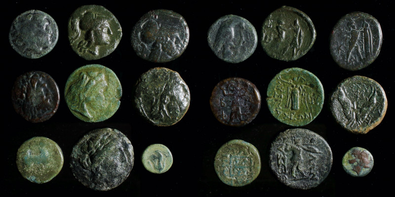 Hellenistic AE group (9 coins): includes Amyntas III (eagle w/ snake), Antigonos...