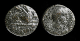THRACE, Abdera, c. 311-280 BCE, AE13, Menan–, magistrate. 2.31g, 13mm.
Obv: Griffin lying right on club; MENAN below.
Rev: Laureate head of Apollo rig...