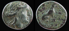 THRACE, Lysimacheia, c. 309-220 BCE, AE18. 6.37g, 19mm.
Obv: Laureate head of Apollo right.
Rev: Lion seated right. 
SNG Copenhagen 909-12
See lot 388...