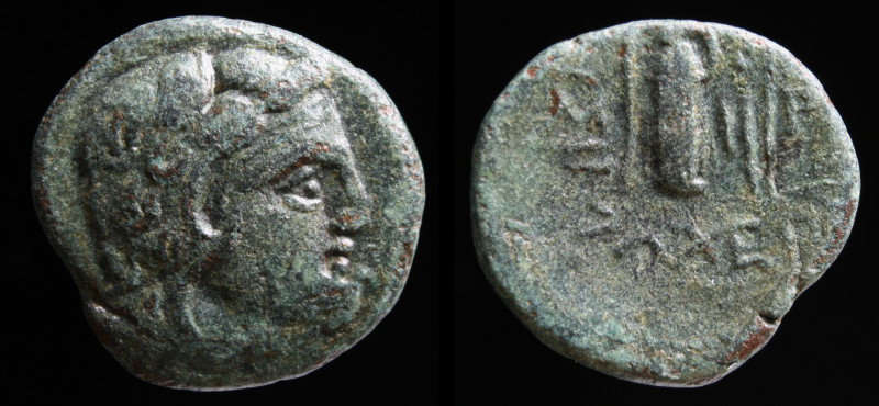 THRACIAN CHERSONESOS, Lysimacheia, 309-220 BCE. 3.53g, 17mm.
Obv: Head of Herakl...