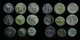 Greek AE group (9 coins): includes Pharsalos (Athena facing), Larissa (nymph facing), Thessalian League, Antigonos II Gonatas (Pan), Thessalonica (inc...