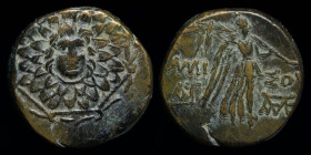 PONTOS, Amisos: Mithradates VI (105-85 BCE), AE21. 8.38g, 19.5mm.
Obv: Aegis with gorgoneion. 
Rev: AMI-ΣOY, Nike advancing right, holding wreath and ...