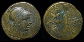 PONTOS, Amisos: Mithradates VI, issued c. 111-105 or 95-90 BCE. AE21. 9.48g, 21mm.
Obv: Helmeted head of Ares right.
Rev: AMI - ΣOV; Sword in sheath; ...