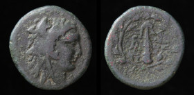 PHRYGIA, Abbaitis, 2nd c. BCE, AE Dichalkon. 4.19g, 18mm.
Obv: Head of youthful Herakles to right, wearing lion’s skin headdress.
Rev: MVΣΩN / ABBA; L...