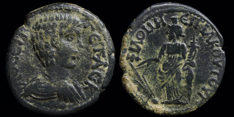 PHRYGIA, Philomelion: Geta as Caesar (197-209) AE22, issued by Akoutos, stratego...