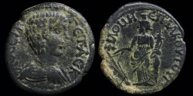 PHRYGIA, Philomelion: Geta as Caesar (197-209) AE22, issued by Akoutos, strategos. 6.07g, 22mm.
Obv: ΛO ϹЄΠ ΓЄΤΑϹ; bare-headed, draped and cuirassed b...