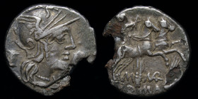M. Marcius Mn.f, issued 134 BCE, fourrée denarius. 3.07g, 17.5mm.
Obv: Helmeted head of Roma to right, wearing earring and pearl necklace; behind, mod...