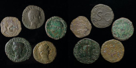 First century Roman AE group (5 coins): includes 2 asses of Augustus, Tiberius as, Claudius dupondius, and Domitian dupondius.
The Tiberius and Claudi...