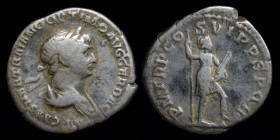 Trajan (98-117) AR denarius, issued 114-17. Rome, 2.43g, 19mm. 
Obv: IMP CAES NER TRAIANO OPTIMO AVG GER DAC; Laureate and draped bust right. 
Rev: P ...
