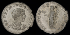 Geta as Caesar (198-209), AR Denarius, issued 198-200. Rome, 2.33g, 18mm. 
Obv: L SEPTIMIVS GETA CAES. Bareheaded and draped bust right. 
Rev: FELICIT...