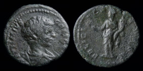 Geta (209-211) AE ‘Limes’ or ‘Anima’ Denarius. 2.55g, 18mm.
Obv: [ ]TIMVS – GETA C[AES]; Bare bust, draped and cuirassed of Geta to right. 
Rev: FELIC...
