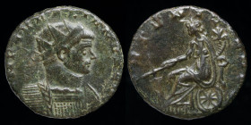 Aurelian (270-275) AE Antoninianus, issued 271-72. Milan, 4.06g.
Obv: Radiate and cuirassed bust right
Rev: Fortuna seated left on wheel, holding rudd...