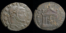 Maxentius (307-312), AE follis. Ticinum, 6.69g.
Obv: MAXENTIVS P F AVG; Laureate head right.
Rev: CONSERV VRB SVAE / TT; Hexastyle temple, containing ...