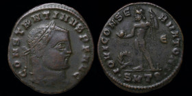 Constantine I (307-337) AE Follis, issued 312. Thessalonica, 4.23g, 24mm.
Obv: CONSTANTINVS PF AVG; Laureate head right
Rev: IOVI CONSERVATORI; Jupite...