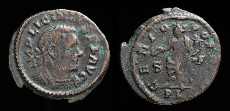 Licinius I (308-324 AE Follis, issued 314. London, 3.04g, 21mm.
Obv: IMP LICINIV...