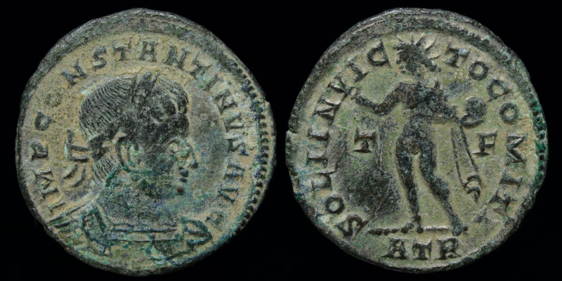 Constantine I 'the Great' (307-337) AE follis. Trier, 2.18g, 20mm.
Cuirassed bus...