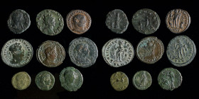 Late Roman group (9 coins): includes Julia Domna limes denarius, Gallienus deer, Licinius half follis, 2x Constantine London (LMCC 6.02.010 and 011), ...