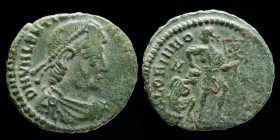 Valentinian I (364-375), AE3. Siscia or Thessalonica, 2.06g.
Obv: D N VALENTINIANVS P F AVG, diademed, draped, and cuirassed bust right.
Rev: GLORIA R...