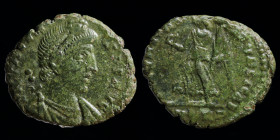 Valens (364-378) AE 3. Rome, 3.0g, 16-18mm.
Victory with wreath; SM(leaf)RP in ex.
RIC 24a