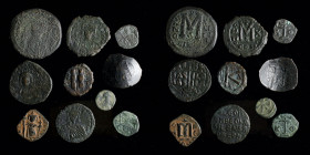 Byzantine group (10 coins): includes Justin I pentanummium, Justinian follis, Justin II and Sophia half follis, Maurice follis, Constans II follis, Le...