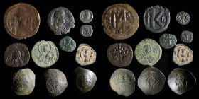 Byzantine group (11 coins): includes Anastasius half follis, Justin I pentanummium, Justinian follis (year 18 Nicomedia), Justin II pentanummium, Arab...