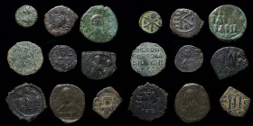 Byzantine group (9 coins): includes Justin I pentanummium, Maurice half follis, 2 Heraclius folles, Leo VI follis, Constans II follis, anon follis (Ro...