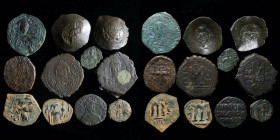 Byzantine group (11 coins): includes 2 Maurice folles (Antioch & Constantinople), Constans II follis, Arab-Byzantine fals, Leo VI follis, anon follis,...