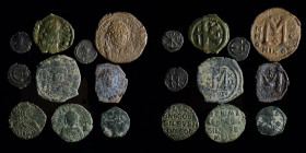 Byzantine group (10 coins): includes Justin I half follis and pentanummium, Justinian follis and pentanummium, Justin II pentanummium, Maurice follis,...